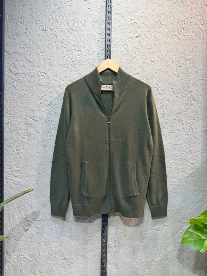 Olive Knitted Full Zip Sweater