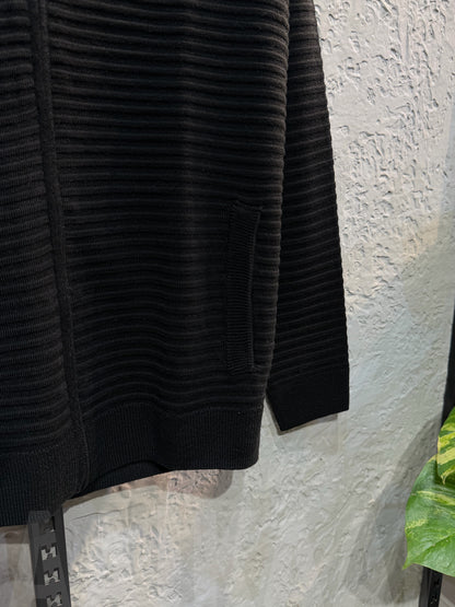 Black Textured Full Zip Knitted Sweater