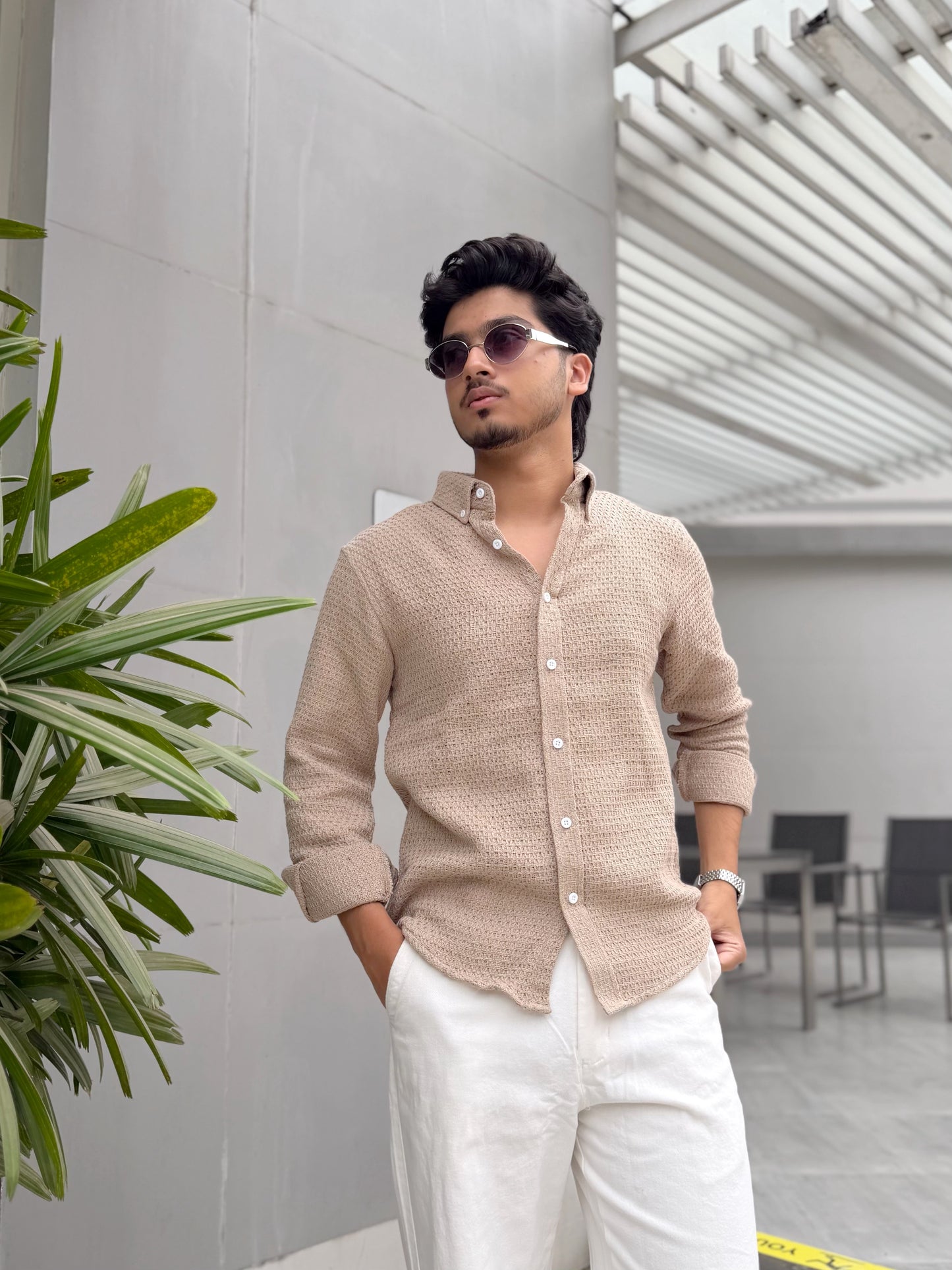 Textured Earth Beige Full Sleeve Shirt