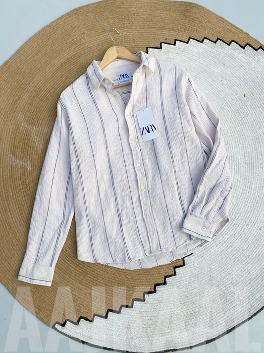 Textured Cream Stripe Full Sleeve Shirt