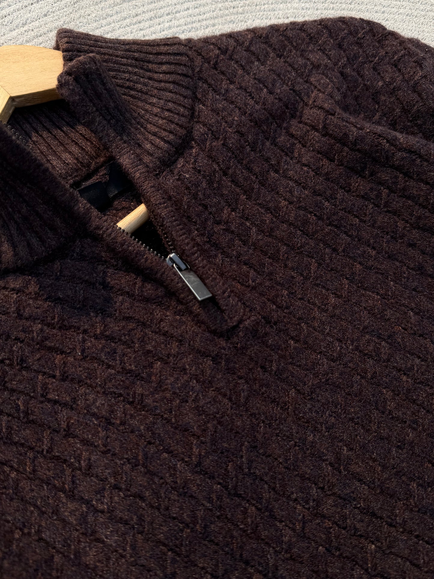 Coffee High Neck Textured Half Zip Knitted Sweater