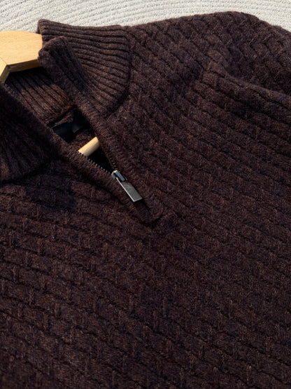 Coffee High Neck Textured Half Zip Knitted Sweater