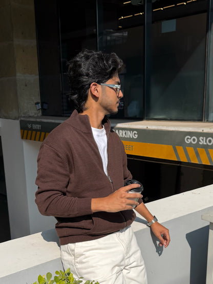 Chocolate Knitted Full Zip Sweater