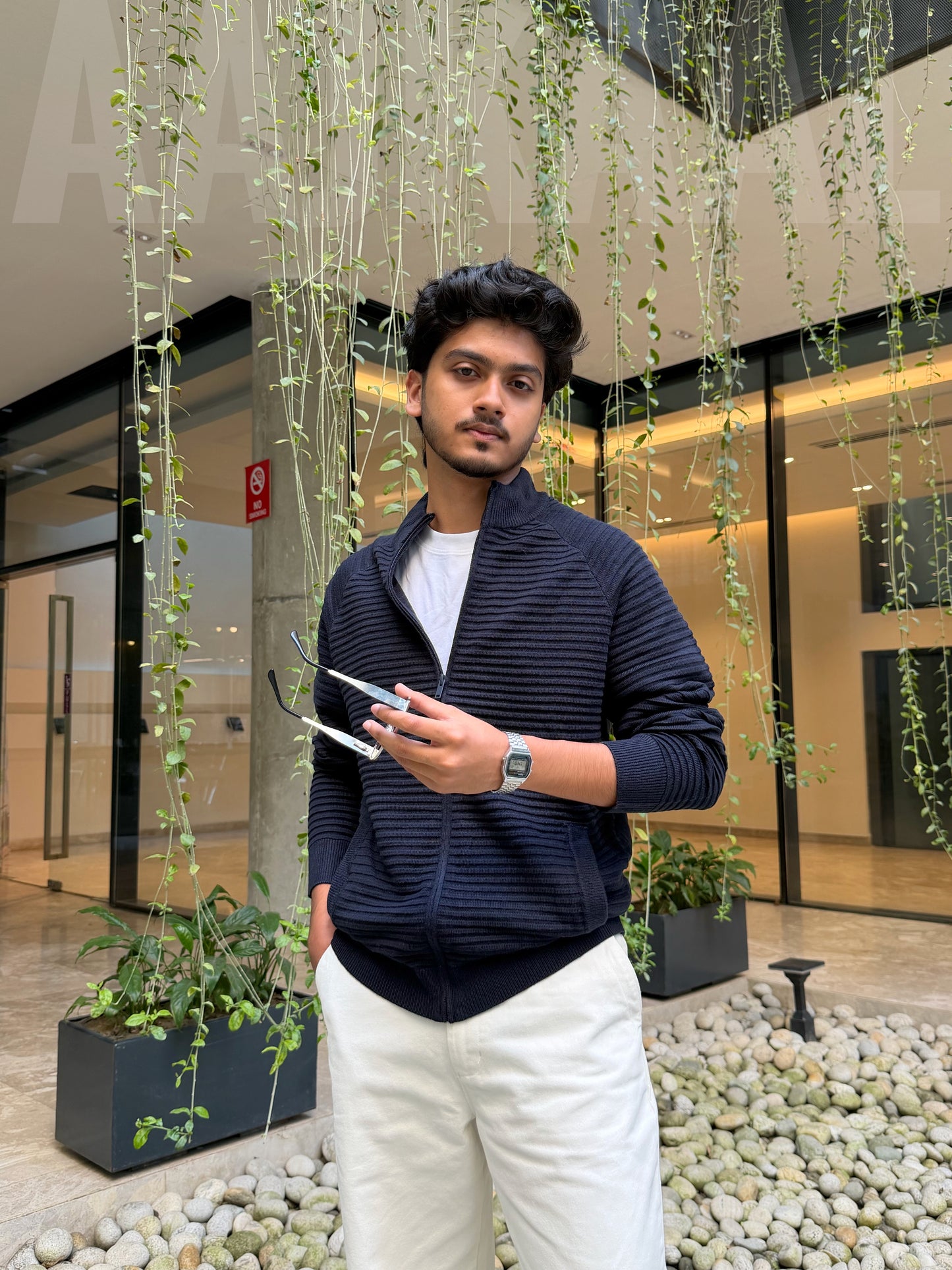 Navy Blue Textured Full Zip Knitted Sweater