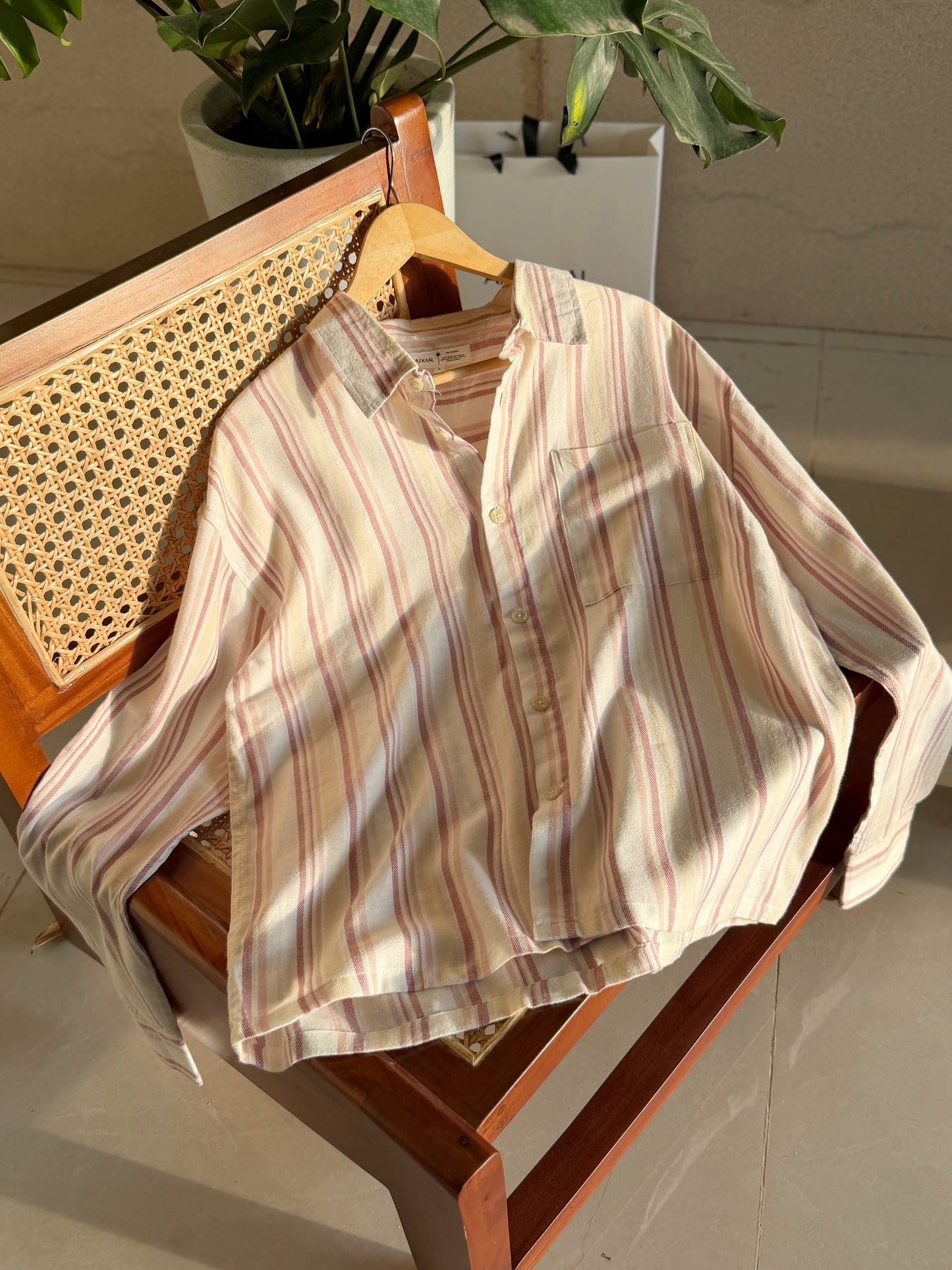 Textured Rosewood Stripe Boxy Full Sleeve Shirt