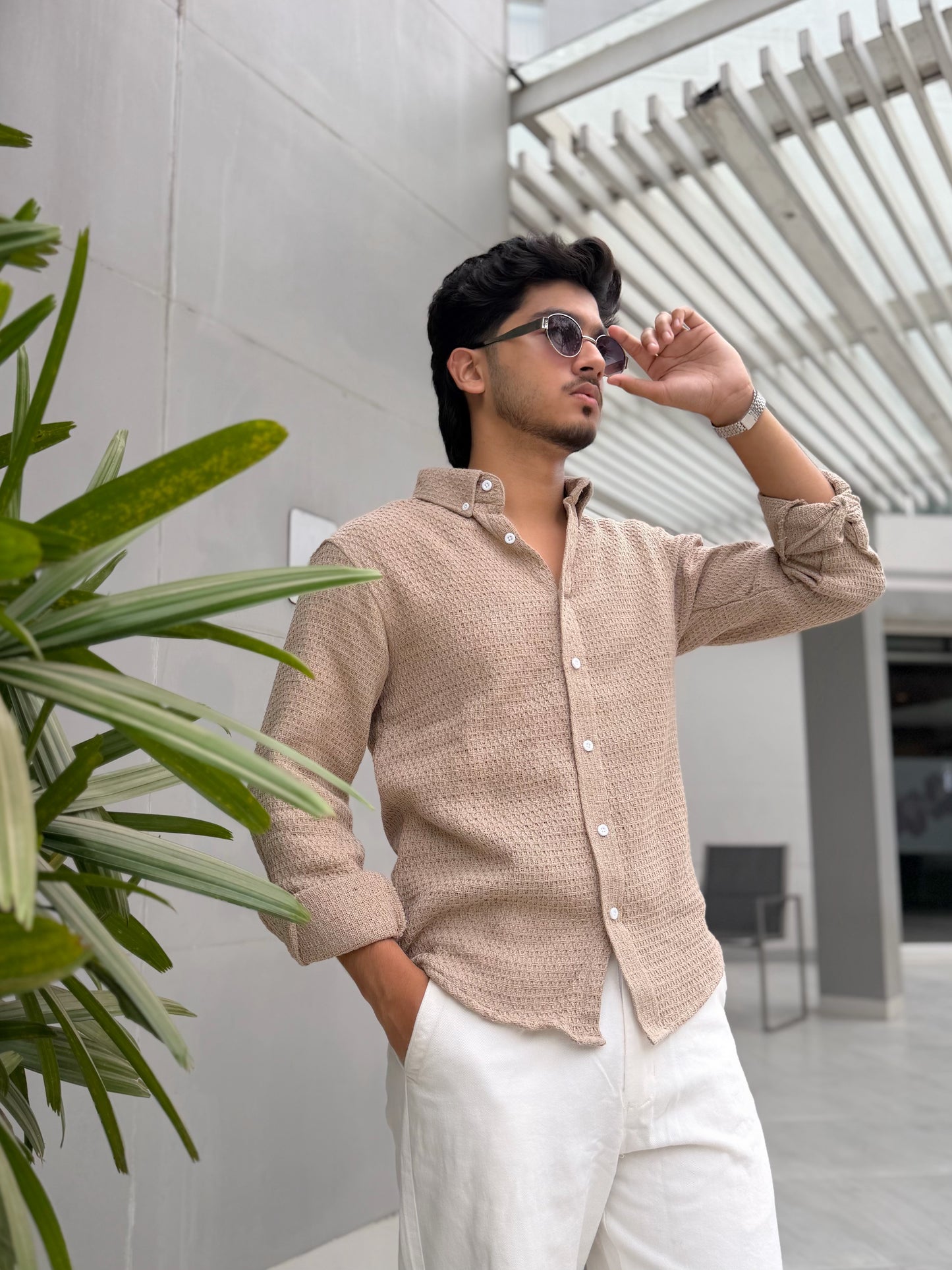 Textured Earth Beige Full Sleeve Shirt