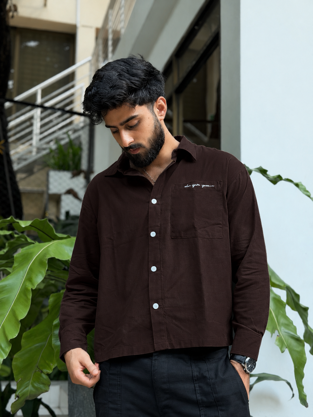 Aajkaal Coffee Embroidery Boxy Shirt