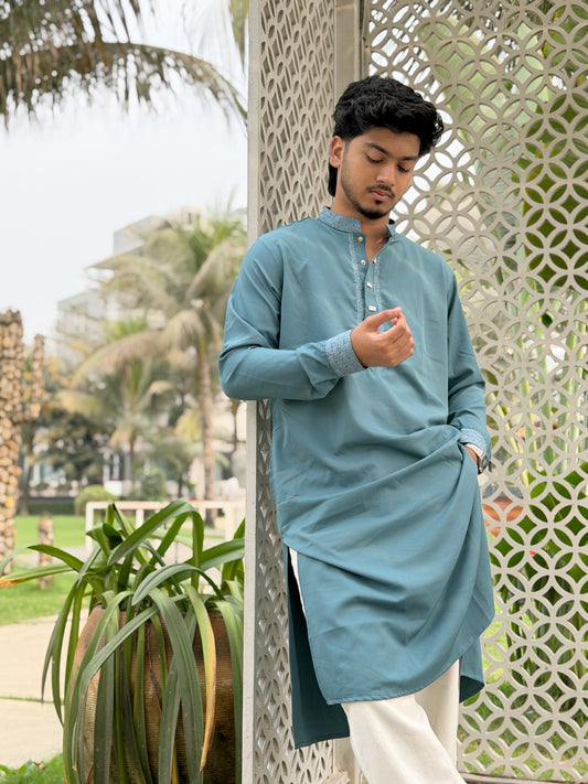 AajKaal Sage Green Classic Embroidered Panjabi