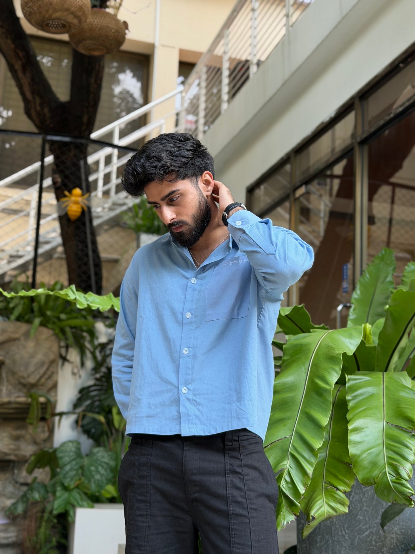 Aajkaal Ocean Blue Embroidery Boxy Shirt