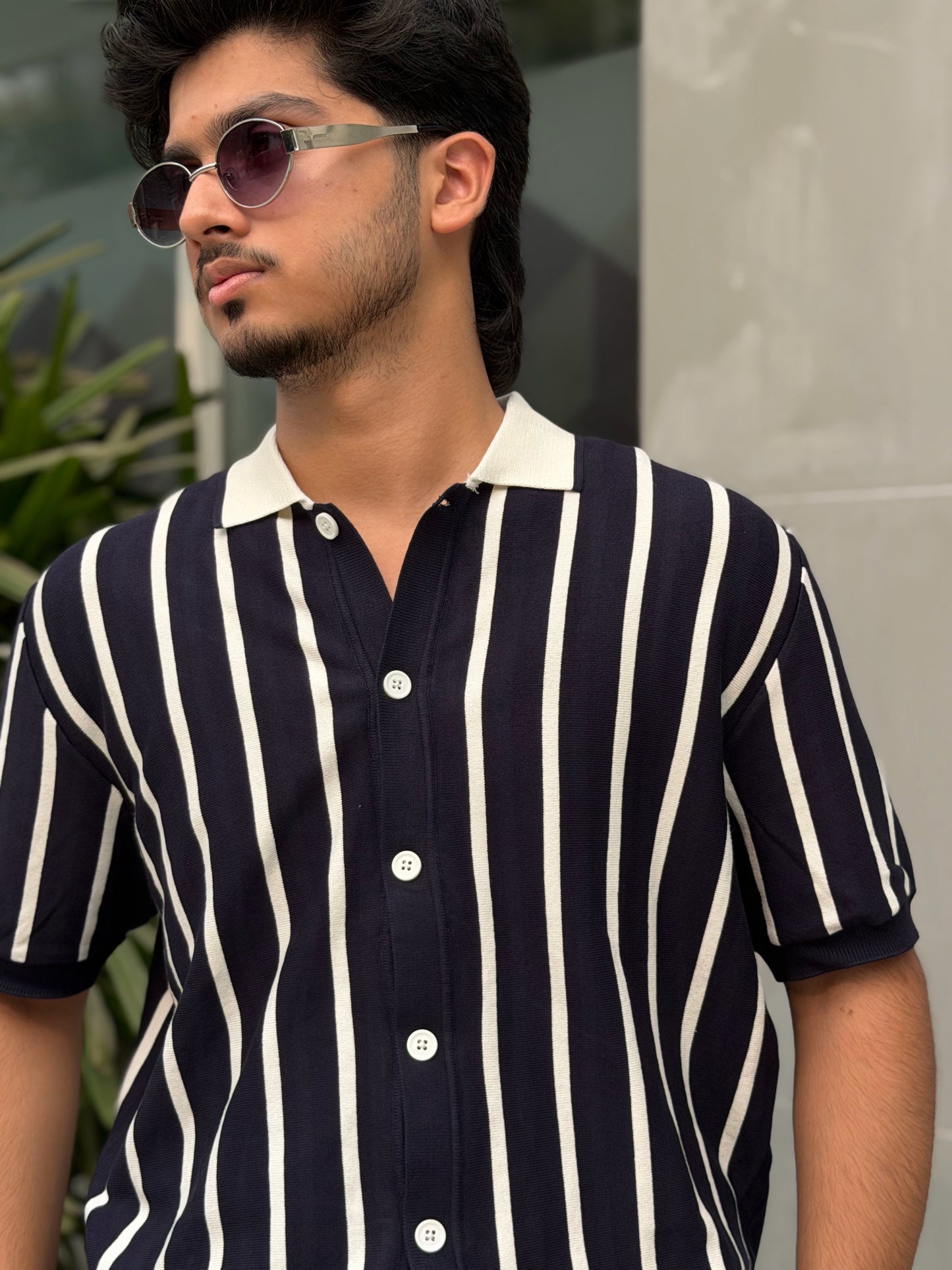 Navy Blue Button Knitted Shirt