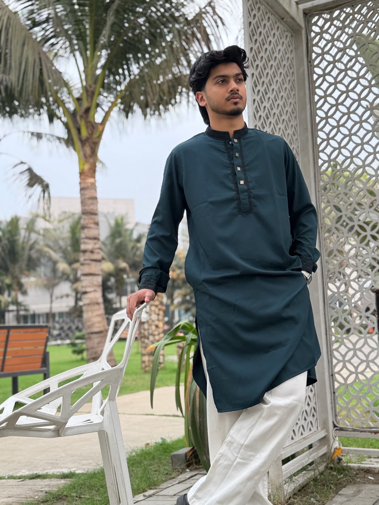 AajKaal Teal Green Classic Embroidered Panjabi