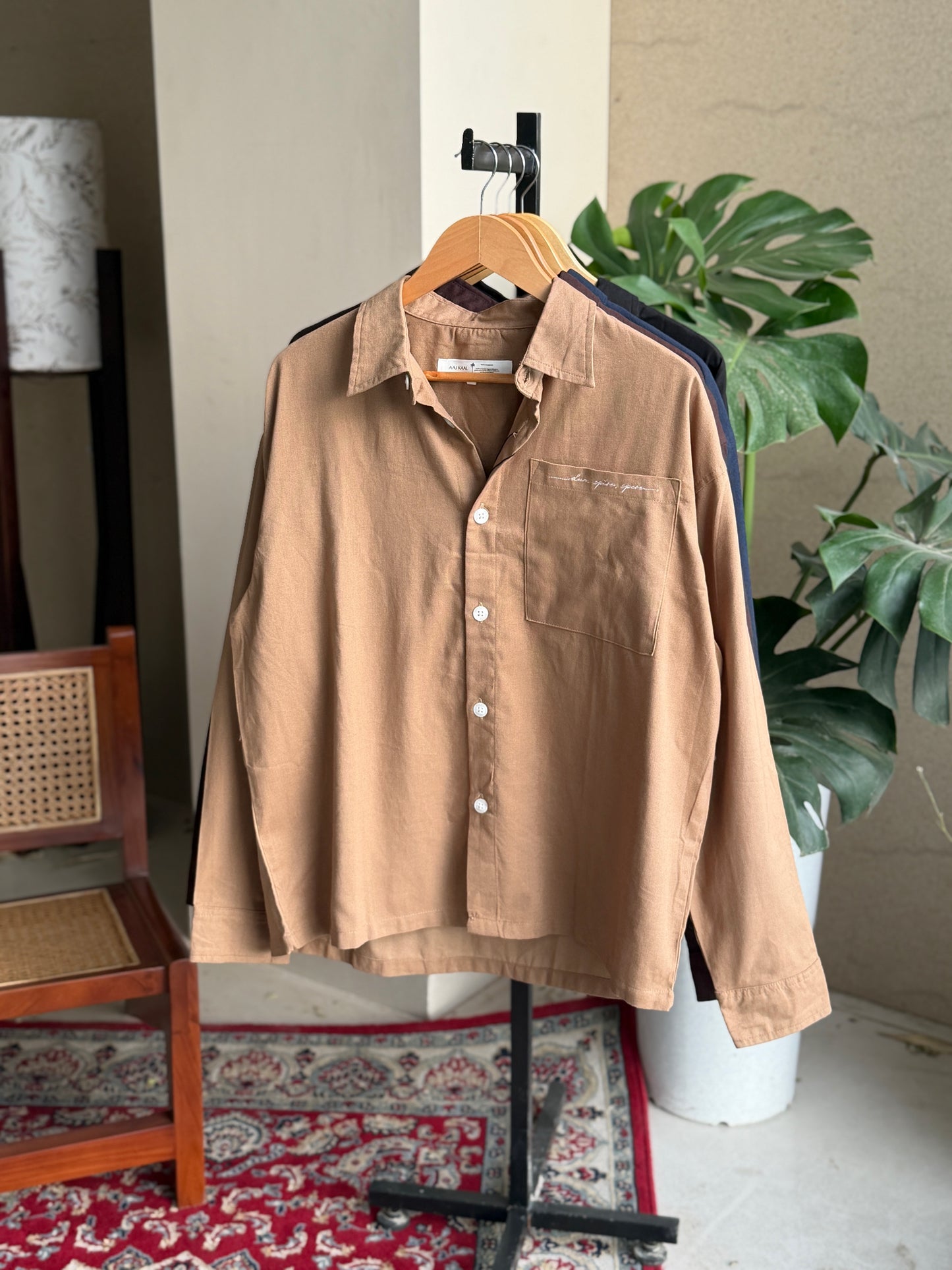 Aajkaal Wood Brown Embroidery Boxy Shirt