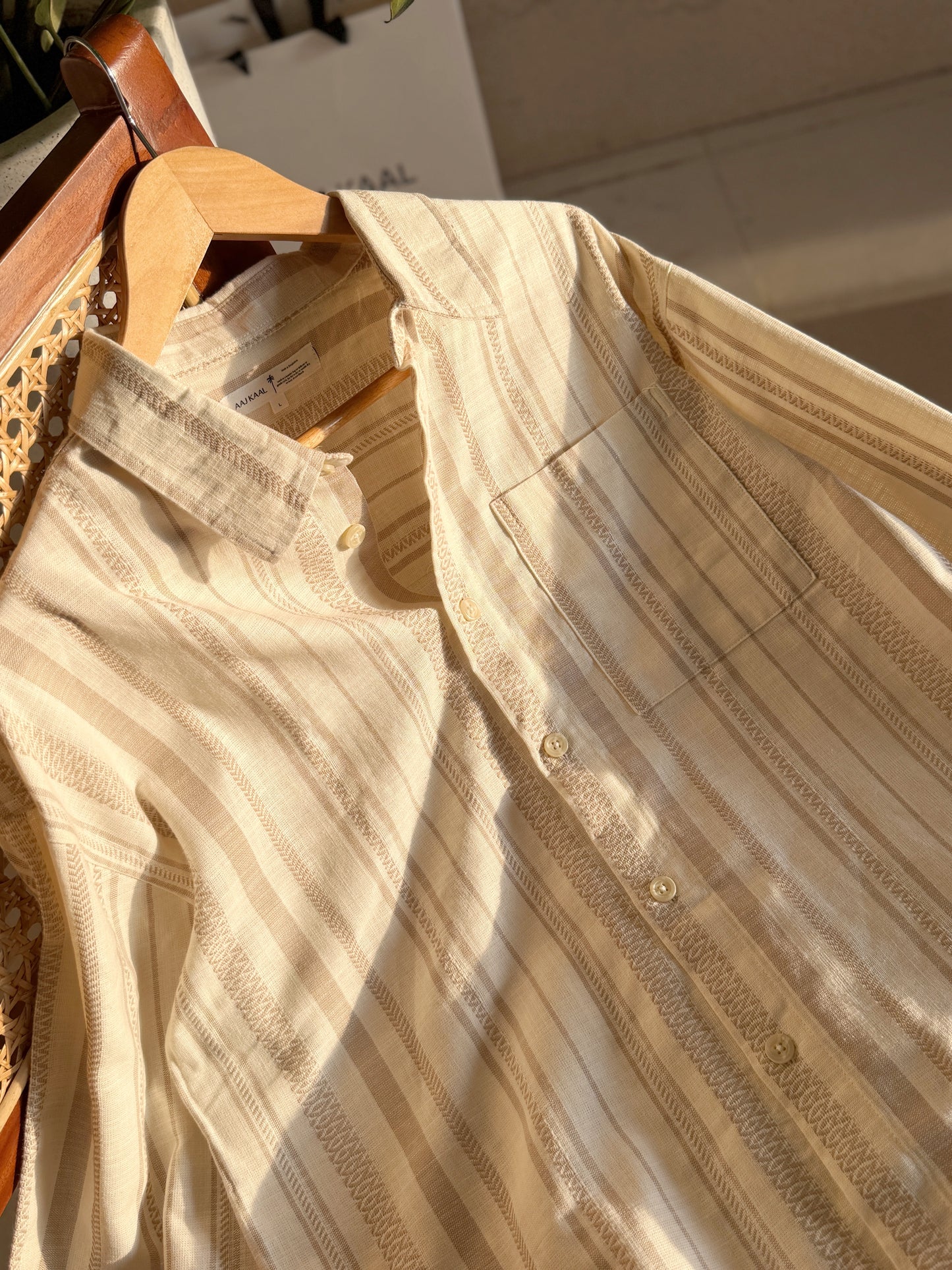 Textured  Oatmeal Stripe Boxy Full Sleeve Shirt
