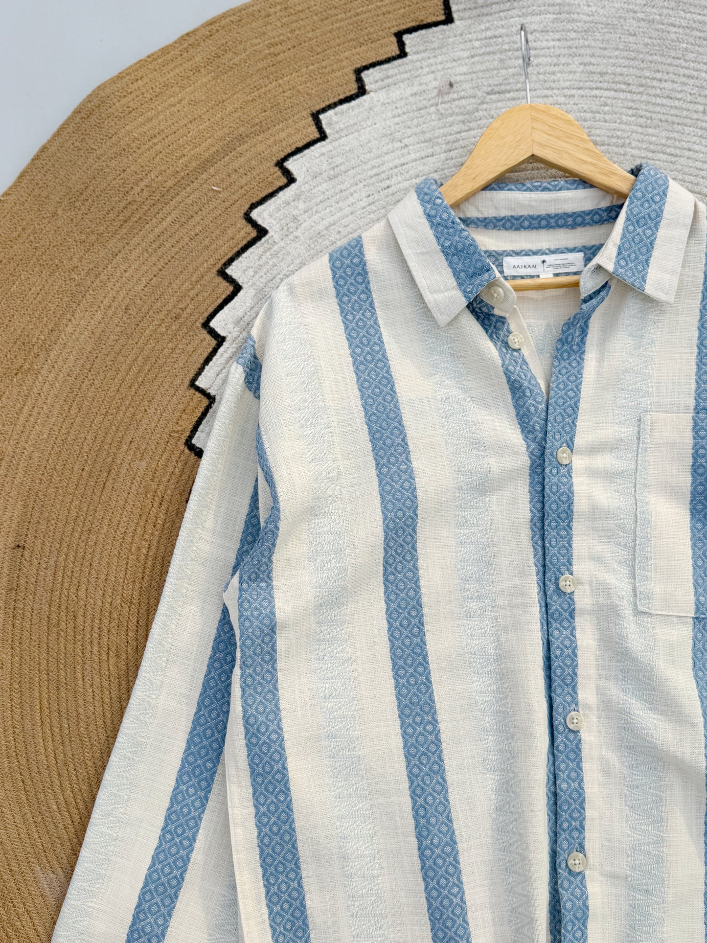 Textured Pale Blue Stripe Boxy Full Sleeve Shirt
