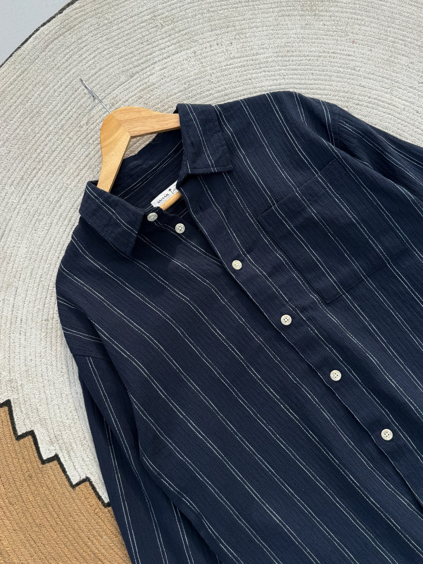 Textured Navy Blue Boxy Full Sleeve Shirt