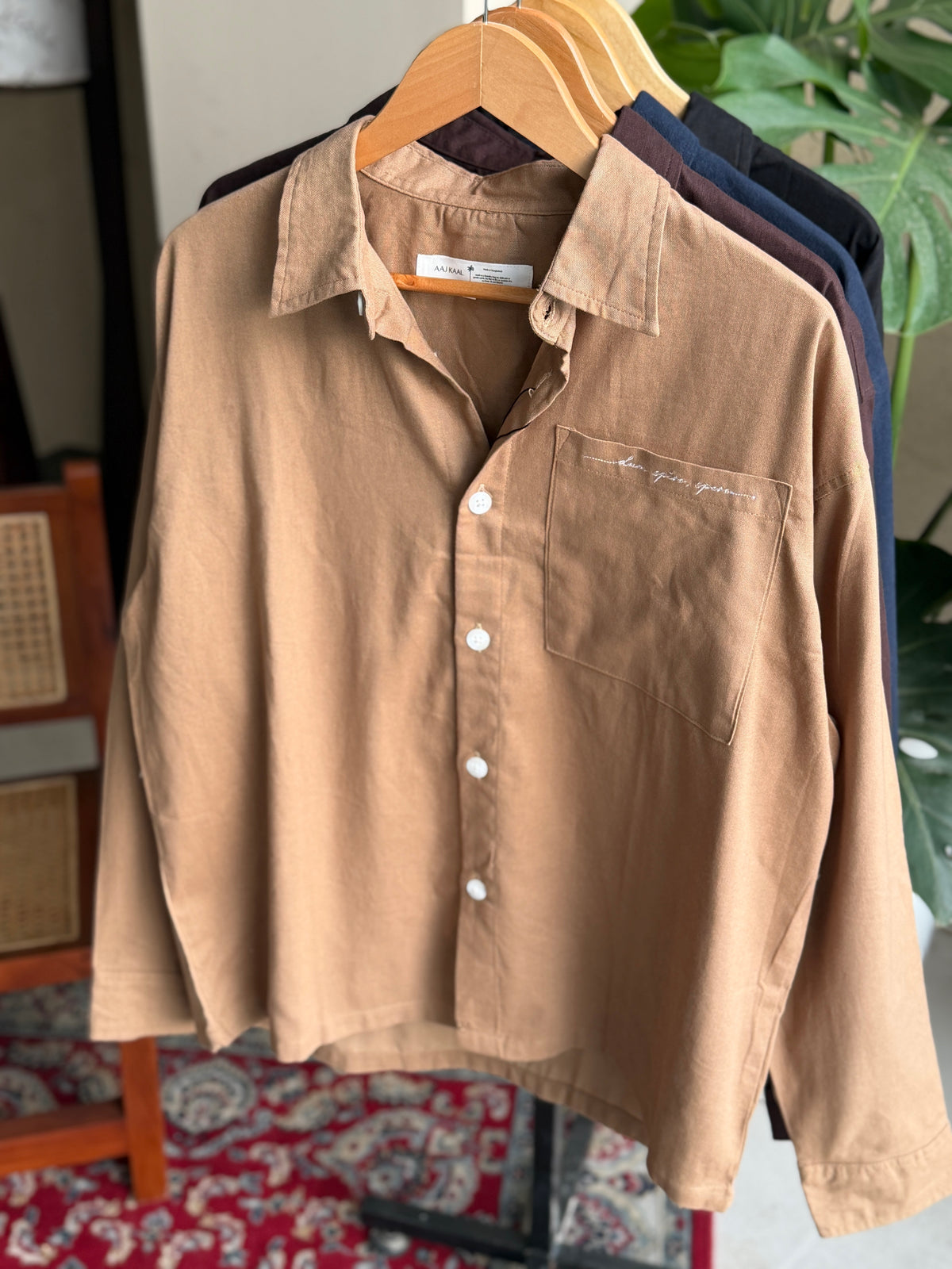 Aajkaal Wood Brown Embroidery Boxy Shirt