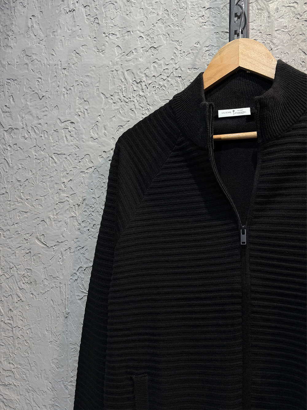 Black Textured Full Zip Knitted Sweater
