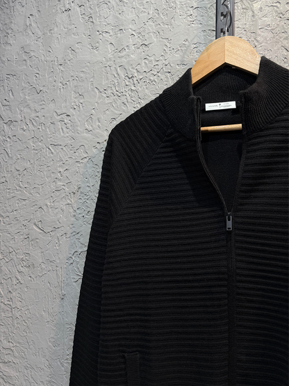 Black Textured Full Zip Knitted Sweater