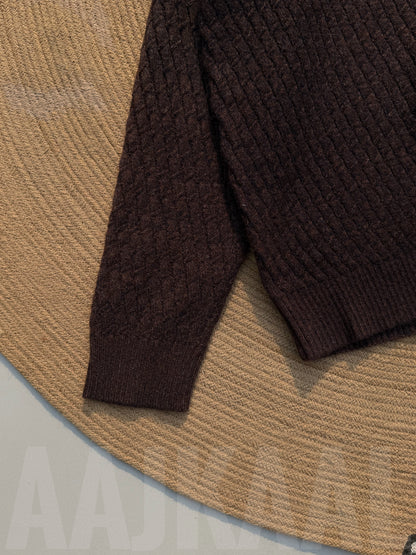 Coffee High Neck Textured Half Zip Knitted Sweater