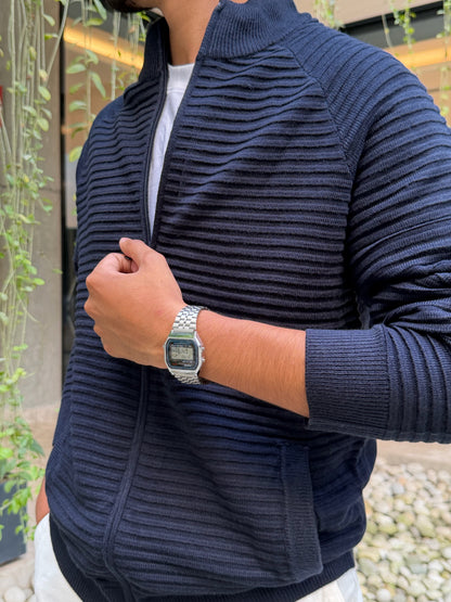 Navy Blue Textured Full Zip Knitted Sweater