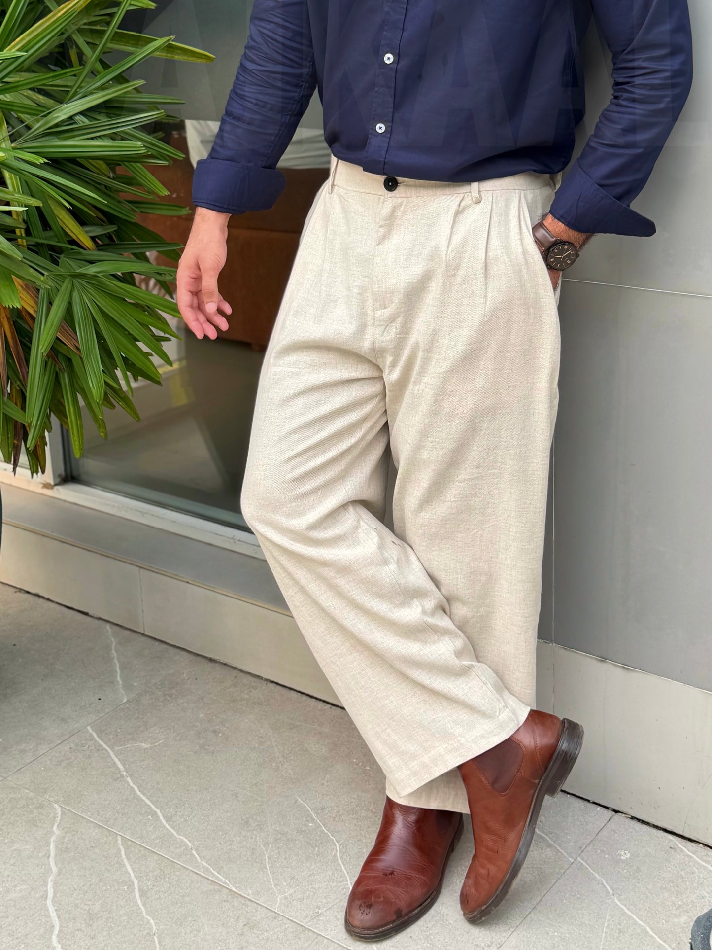 Aajkaal Pleated Wide-Leg Linen Pant – Off-White