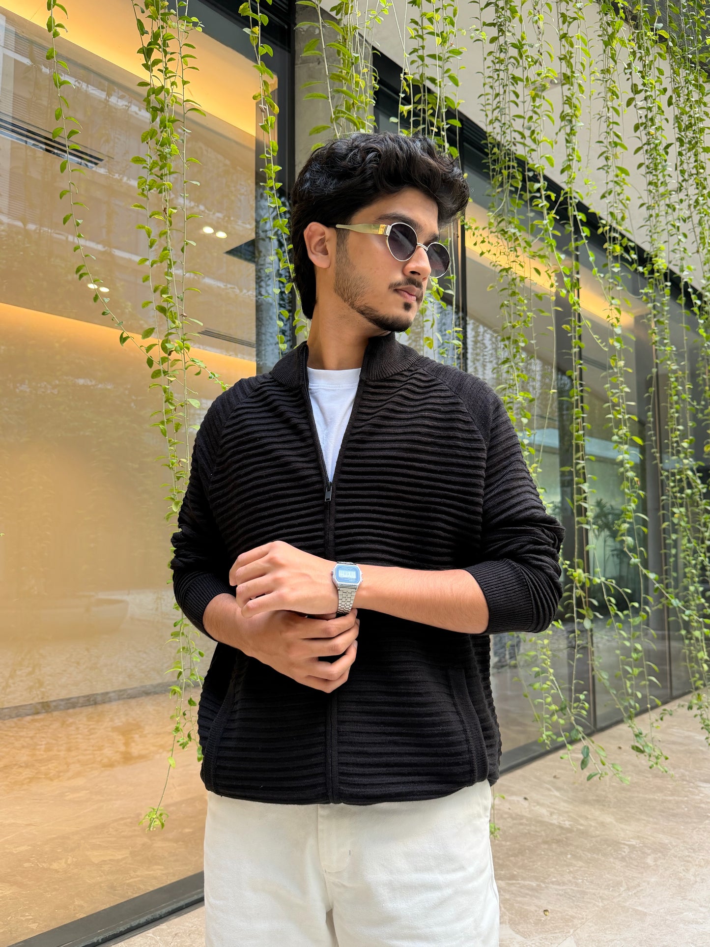 Black Textured Full Zip Knitted Sweater