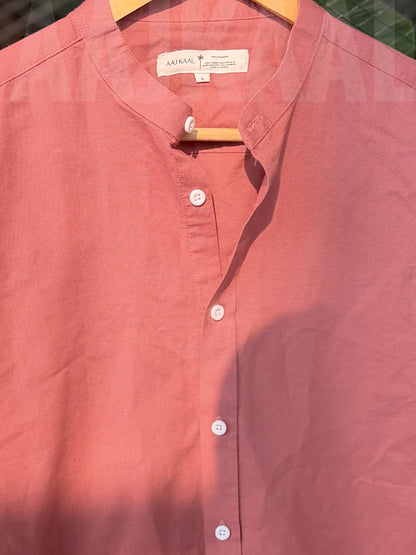 Peach Band Collar Full Sleeve Shirt