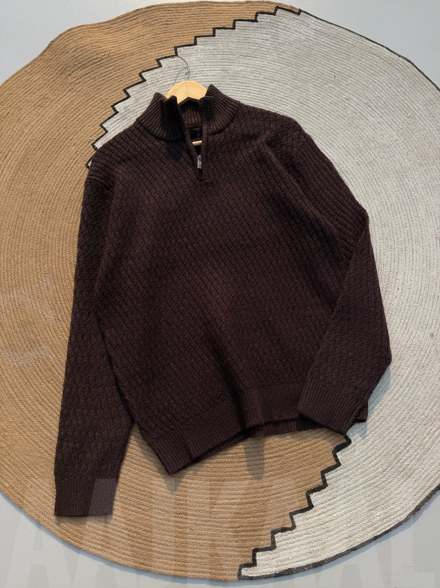 Coffee High Neck Textured Half Zip Knitted Sweater