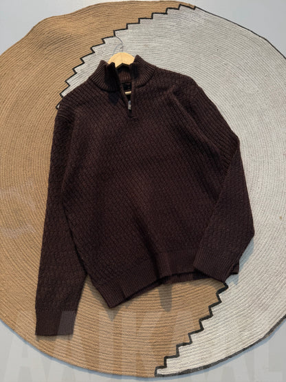 Coffee High Neck Textured Half Zip Knitted Sweater