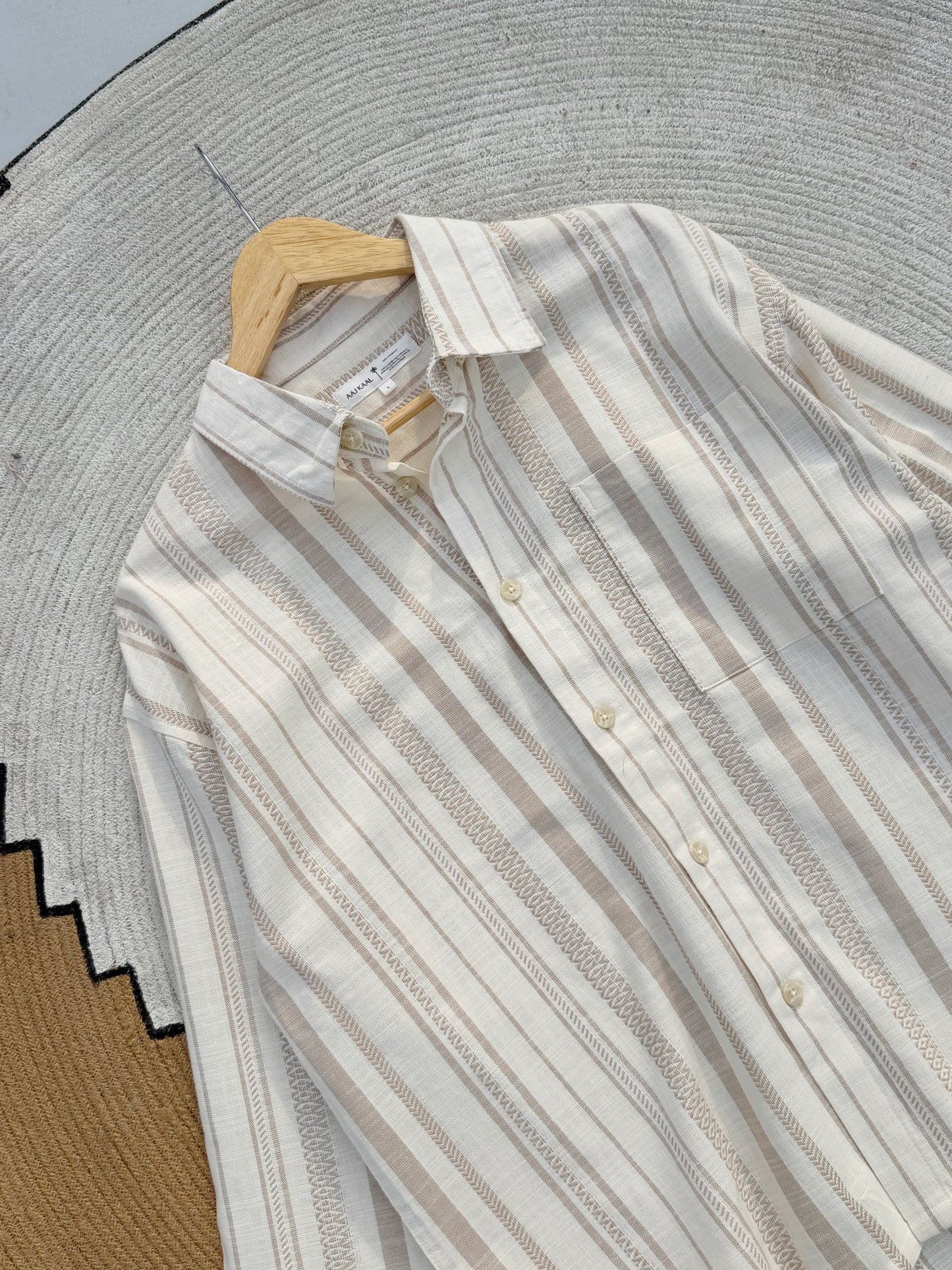 Textured  Oatmeal Stripe Boxy Full Sleeve Shirt