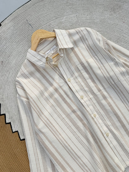 Textured  Oatmeal Stripe Boxy Full Sleeve Shirt