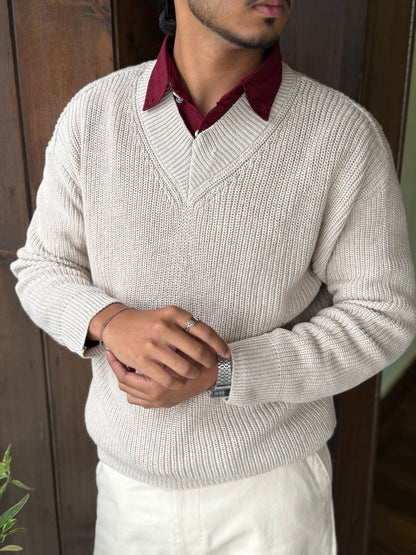 V Neck Knitted Sweater - Nude