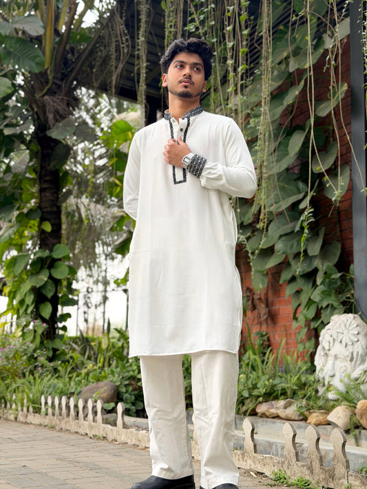 AajKaal White Classic Embroidered Panjabi