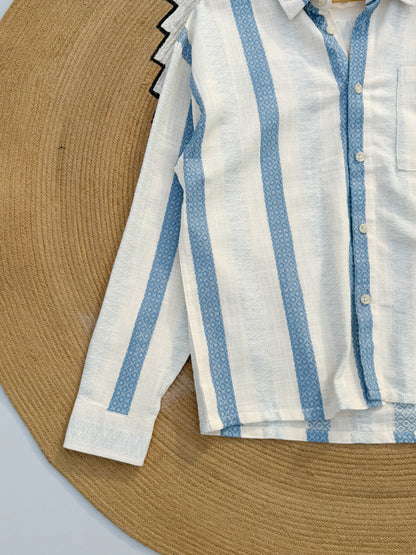 Textured Pale Blue Stripe Boxy Full Sleeve Shirt