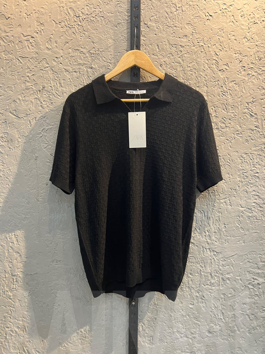 Aajkaal Black Knitted Polo Shirt