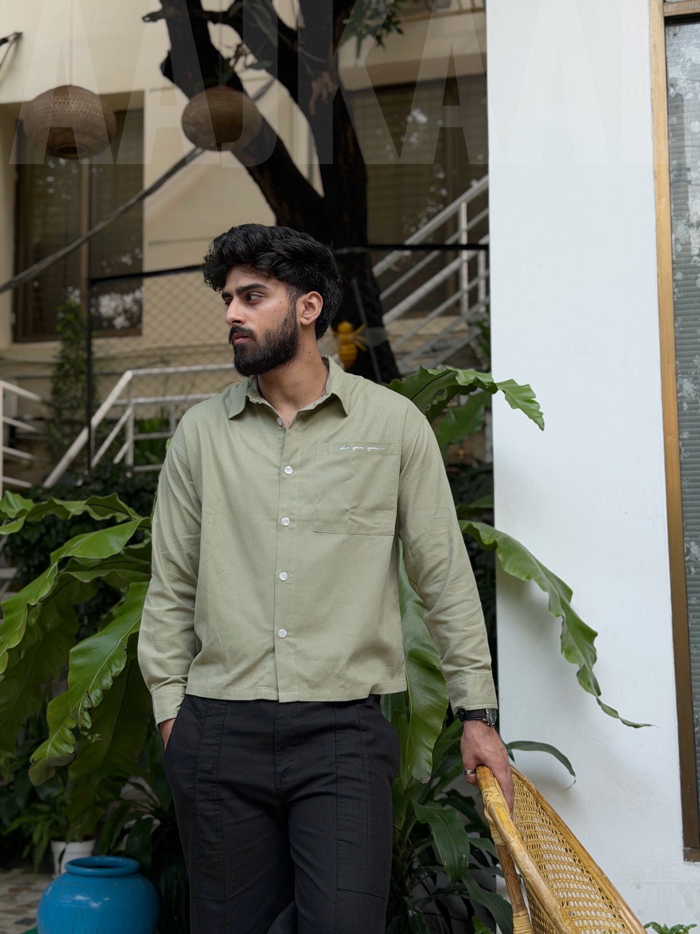 Aajkaal Frosted Olive Embroidery Boxy Shirt