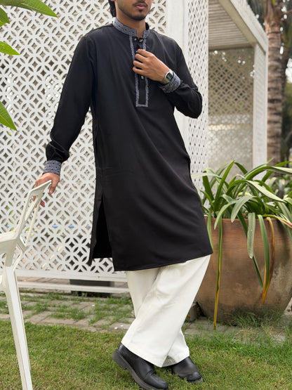 AajKaal Black Classic Embroidered Panjabi