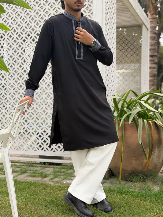 AajKaal Black Classic Embroidered Panjabi