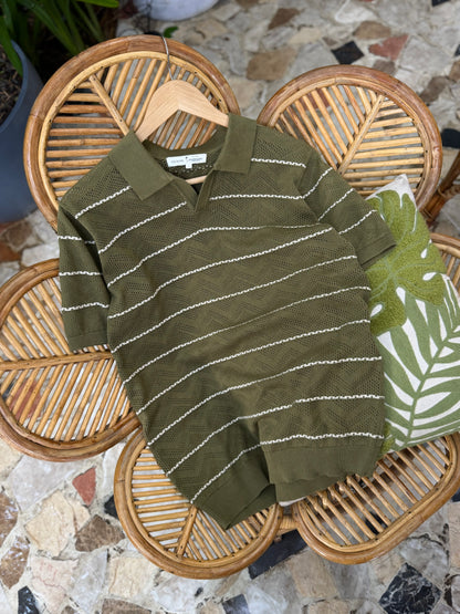 Dark Olive Zigzag Knitted Polo