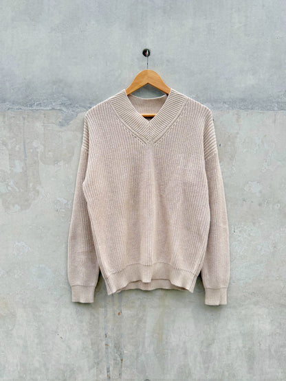 V Neck Knitted Sweater - Nude
