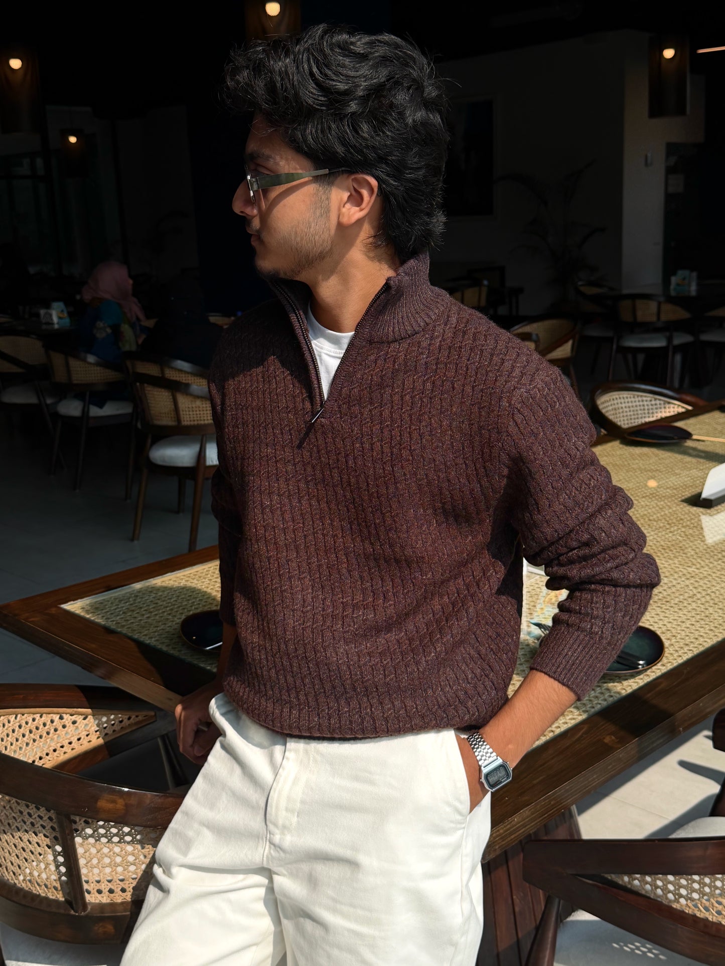 Coffee High Neck Textured Half Zip Knitted Sweater