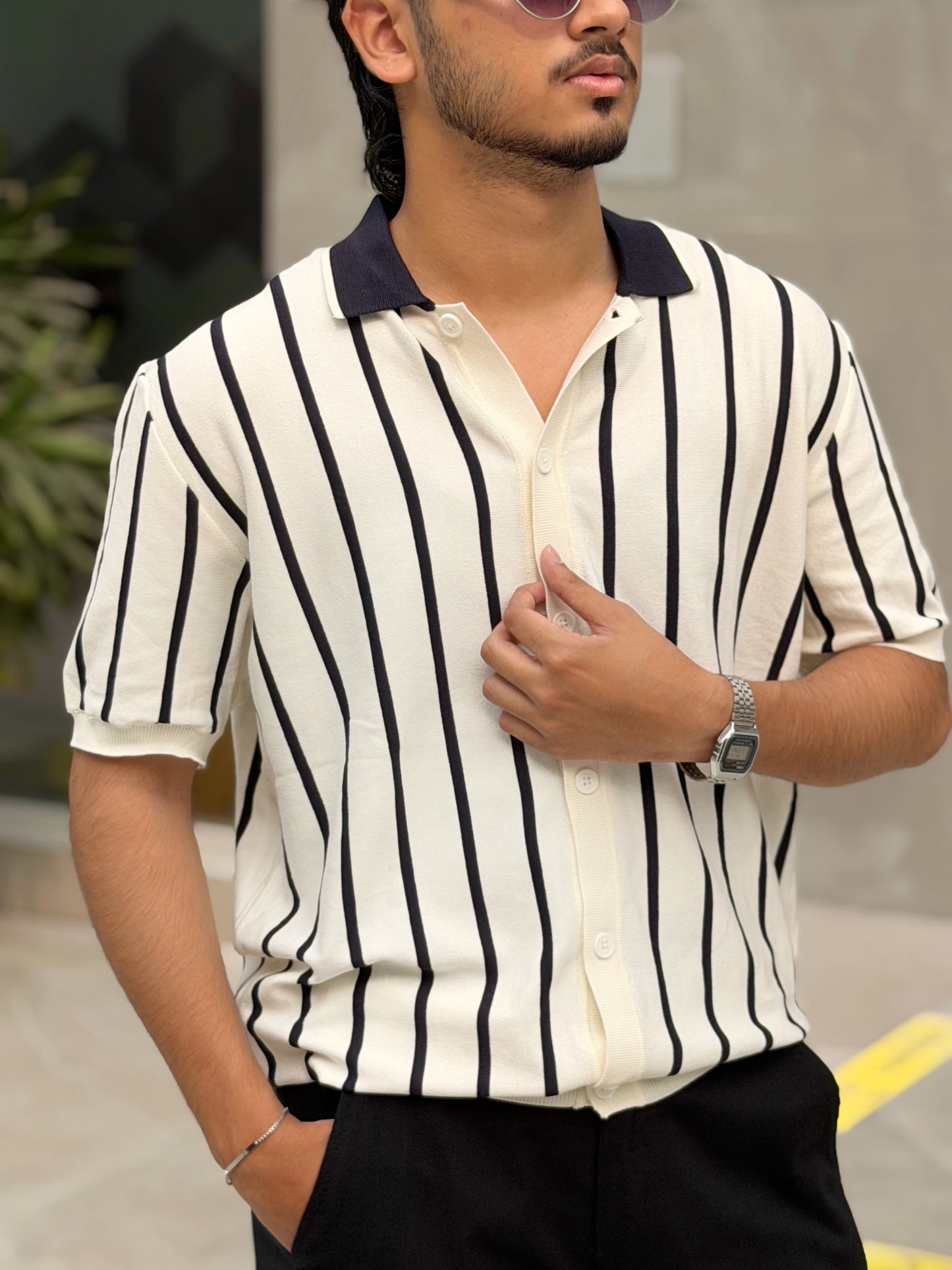 White Stripe Button Knitted Shirt