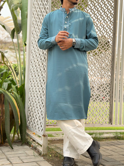 AajKaal Sage Green Classic Embroidered Panjabi