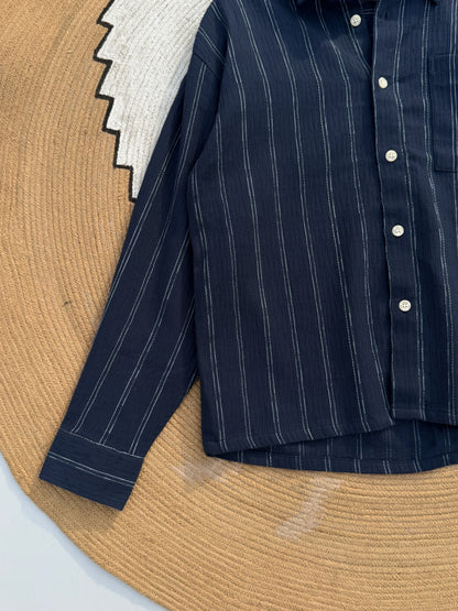 Textured Navy Blue Boxy Full Sleeve Shirt