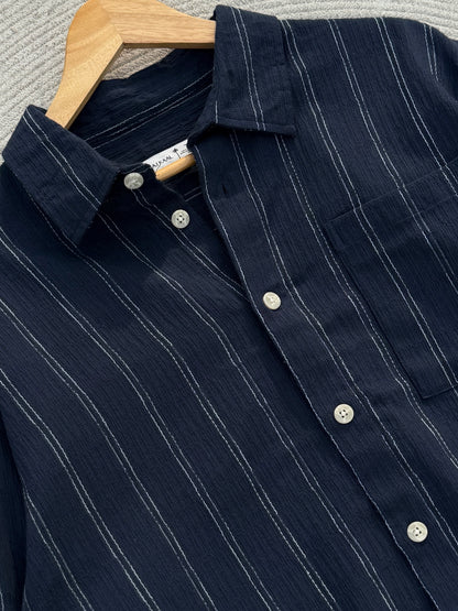 Textured Navy Blue Boxy Full Sleeve Shirt