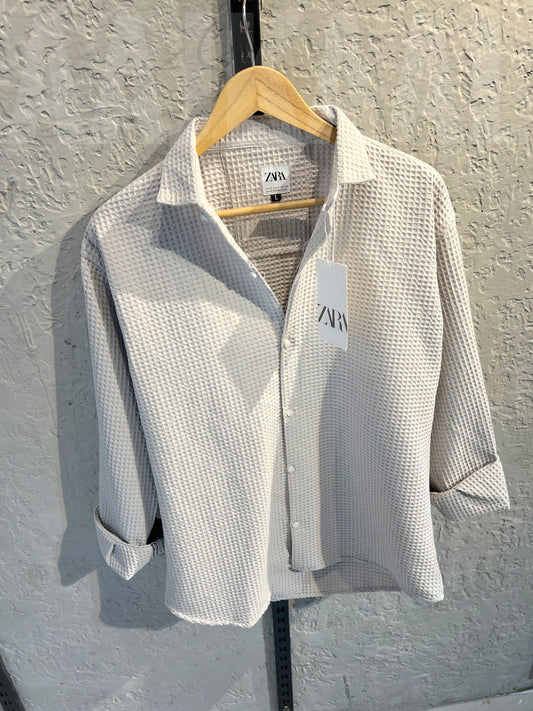 Waffle Texture Off Grey Full Sleeve Shirt