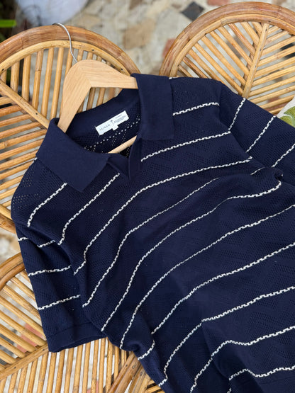 Navy Blue Zigzag Knitted Polo
