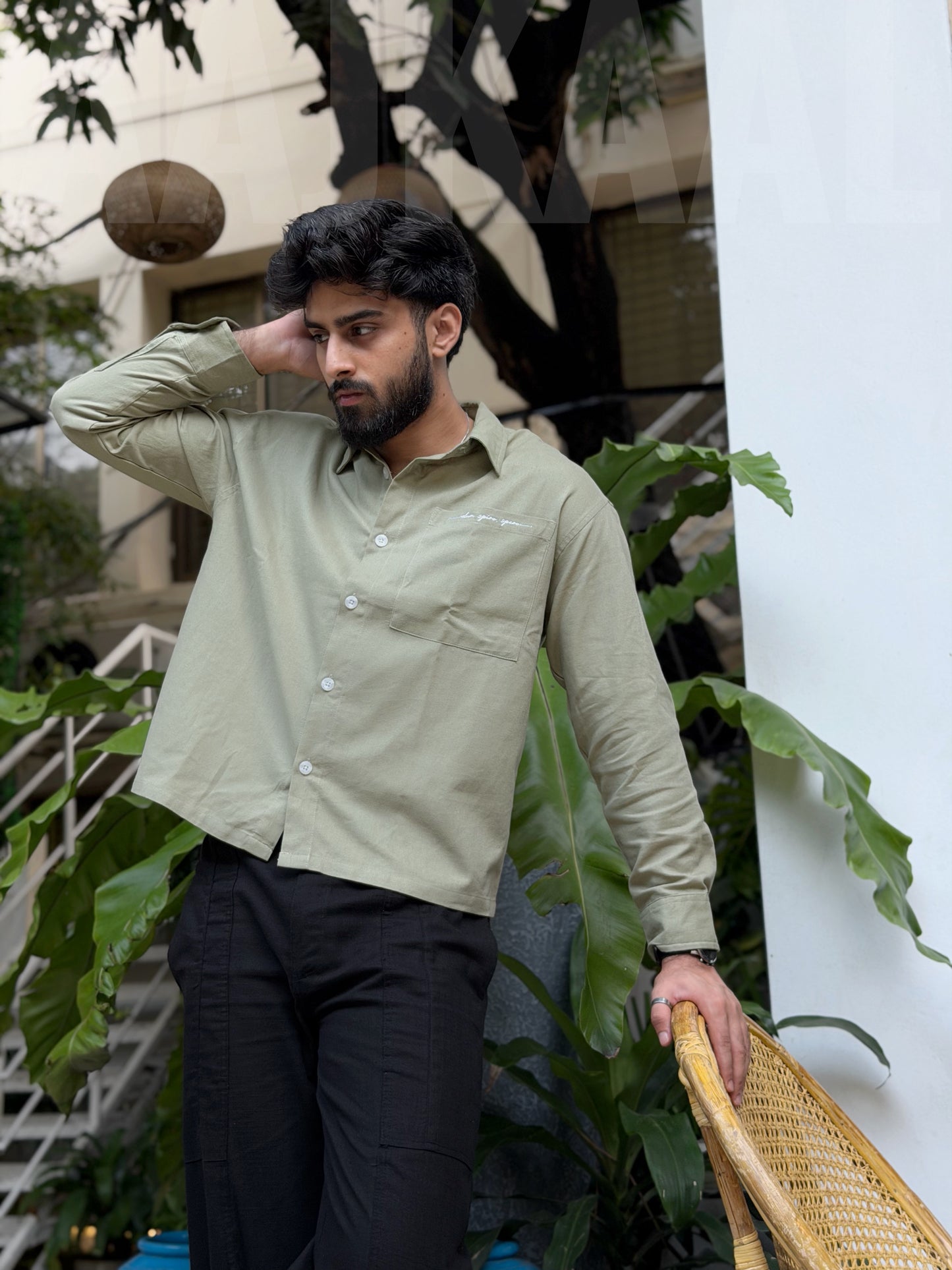 Aajkaal Frosted Olive Embroidery Boxy Shirt