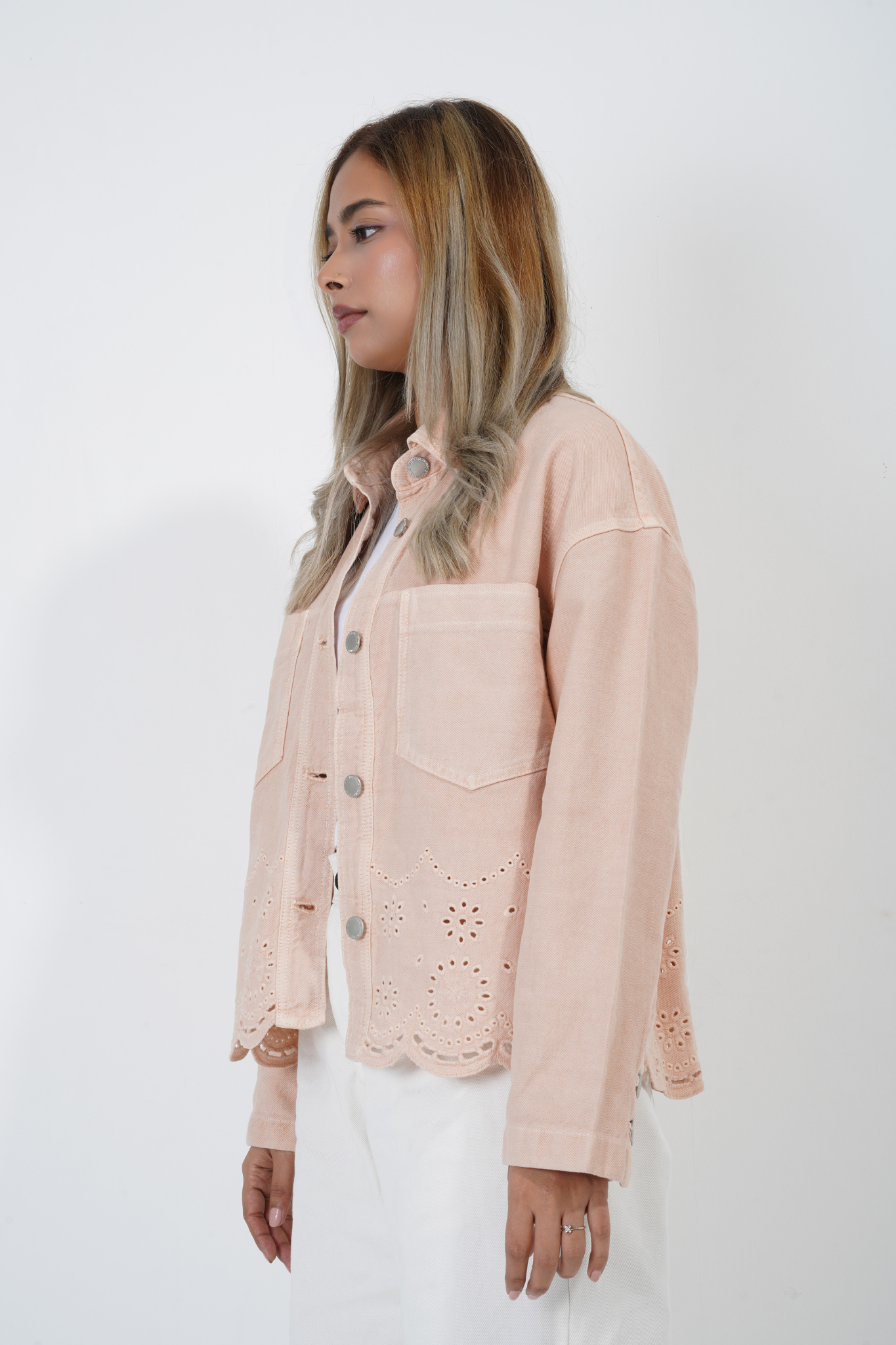 Femme Pink Denim Embroidered Shacket.
