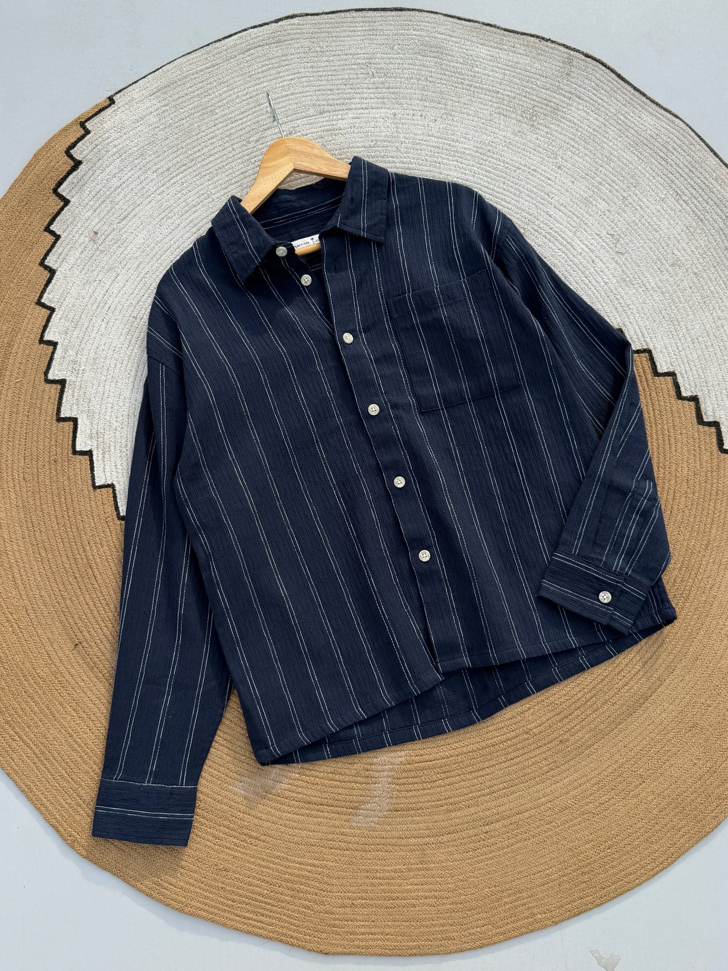 Textured Navy Blue Boxy Full Sleeve Shirt
